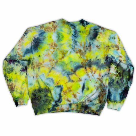 A casual and cozy sweatshirt enriched with the charm of ice dye, showcasing a playful mix of yellow, blue, and green hues that invoke a sense of warmth.