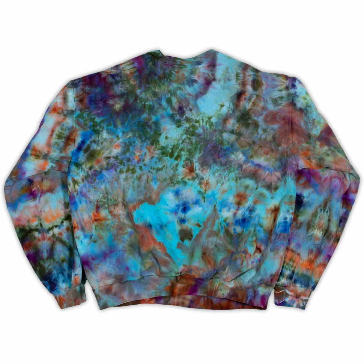 A cozy, long-sleeved sweatshirt boasts a comforting array of tie-dye patterns in cool blues, greens, and warm rust, inviting a sense of warmth and style."