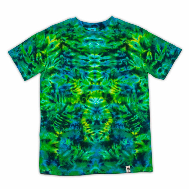 An eye-catching tie-dye t-shirt, with a psychedelic twist of lime green, royal blue, and lime green dyes in a crumpled pattern.