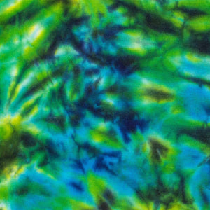 An eye-catching tie-dye t-shirt, with a psychedelic twist of lime green, royal blue, and lime green dyes in a crumpled pattern.