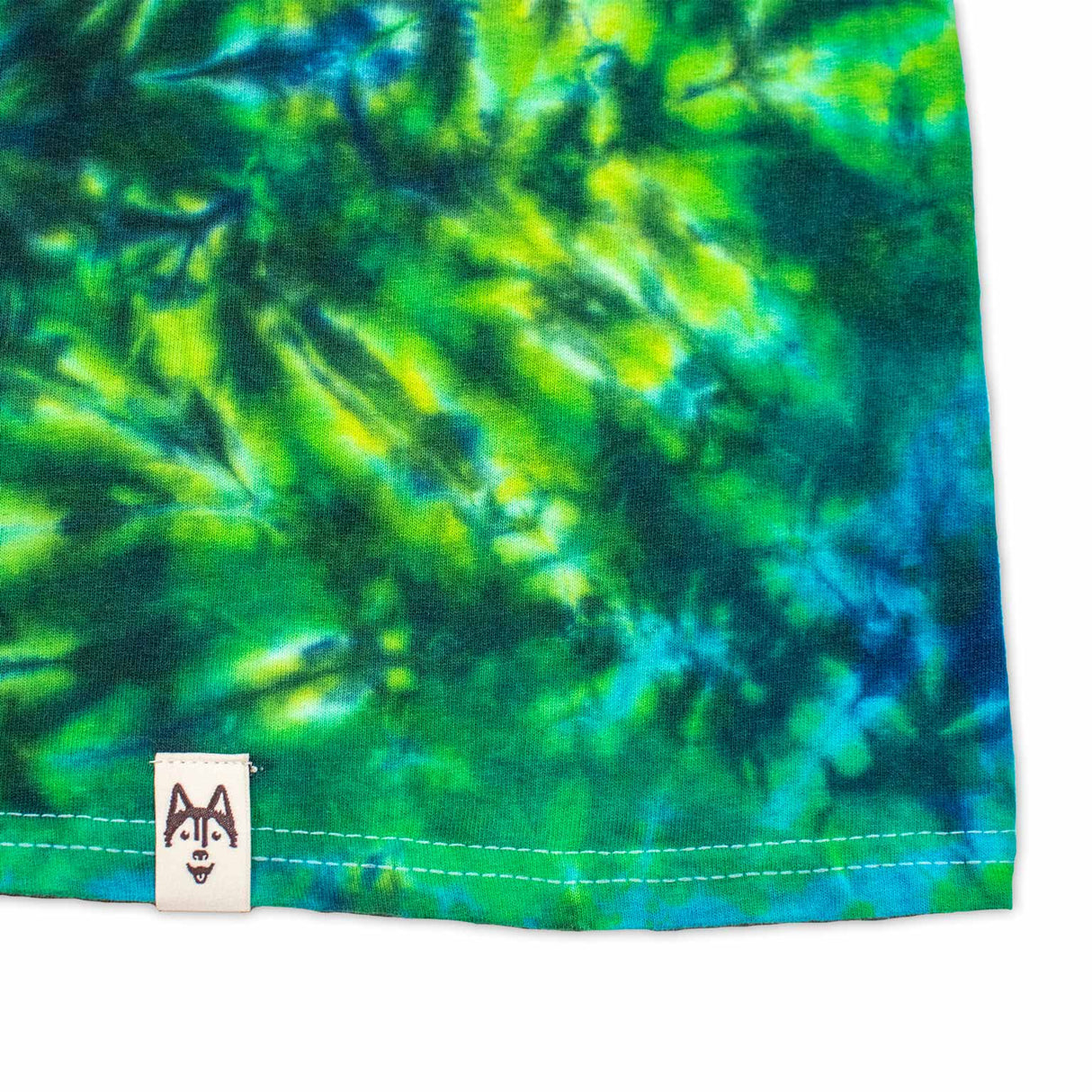 An eye-catching tie-dye t-shirt, with a psychedelic twist of lime green, royal blue, and lime green dyes in a crumpled pattern.