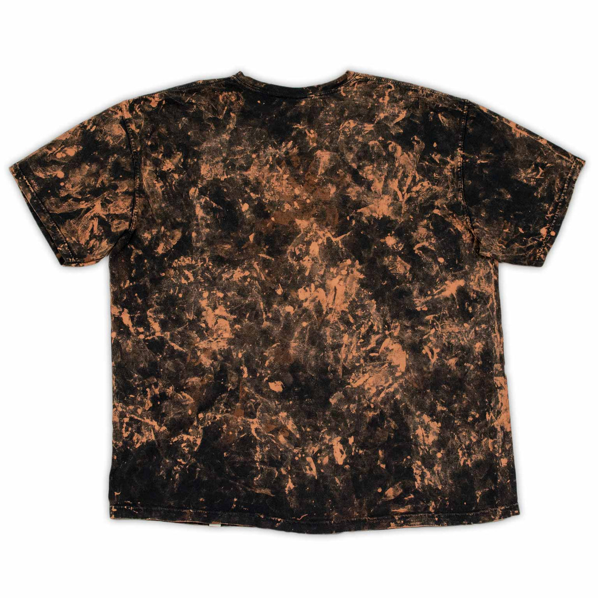 A stylish bleached t-shirt makes a statement with the 'Woof Dyes' logo, amidst a mottled backdrop of blacks and browns for a rugged look.