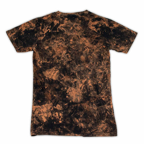 A stylish bleached t-shirt makes a statement with the 'Woof Dyes' logo, amidst a mottled backdrop of blacks and browns for a rugged look.