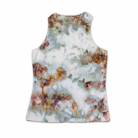 This tank top offers a dreamy ice-dyed canvas of dusty rose, pale violet, and creamy yellow, mingling in an impressionistic style.