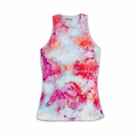 A casual yet chic high-neck women's tank top with an ice dye technique creating a soft fusion of pink and blue colors, similar to a pastel nebula.