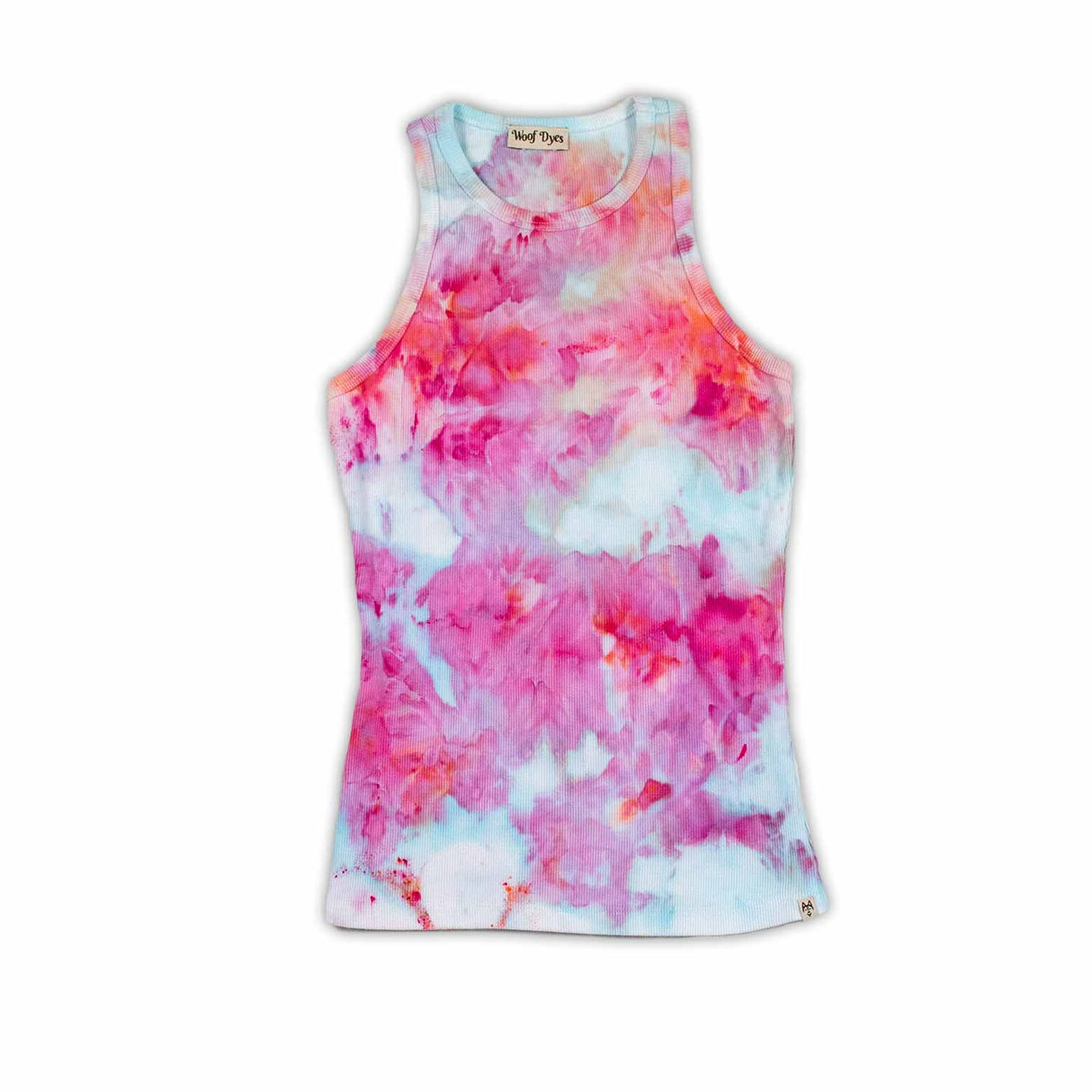 A casual yet chic high-neck women's tank top with an ice dye technique creating a soft fusion of pink and blue colors, similar to a pastel nebula.